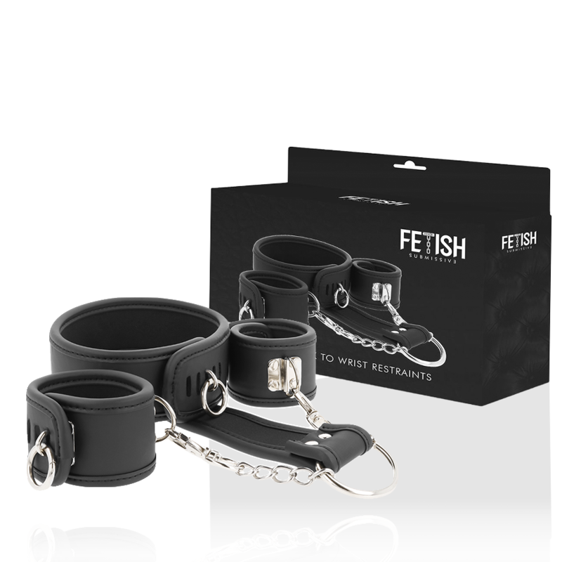 FETISH SUBMISSIVE - VEGAN LEREN KETTING EN HANDBOEIEN MET NOPRENE VOERING